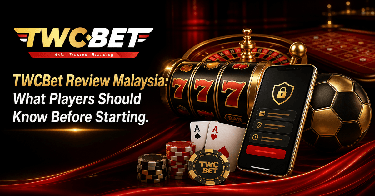 TWCBET Malaysia review artwork showing slots, live casino, sports and secure mobile access