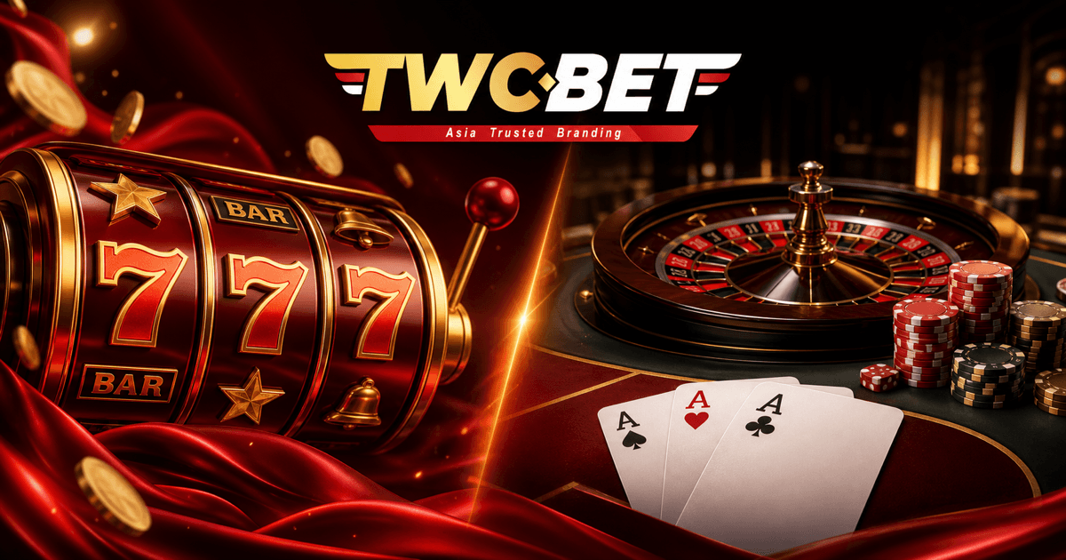 TWCBET comparison artwork with slot reels on one side and a live casino table on the other